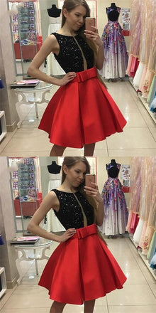 Sexy Jewel Red Satin Short Cheap Homecoming Dresses with Sequins & Bow Knot, QB0185