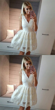 A-Line V-Neck Short Cheap White Homecoming Dresses with Appliques, QB0058