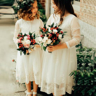 Cute Round Neck 3/4 Sleeves Lace Long Cheap Flower Girl Dresses, QB0110