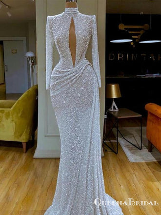 Gorgeous White Sequins High Neck Evening Gown with Keyhole Cut-out and Ruched, QB0929