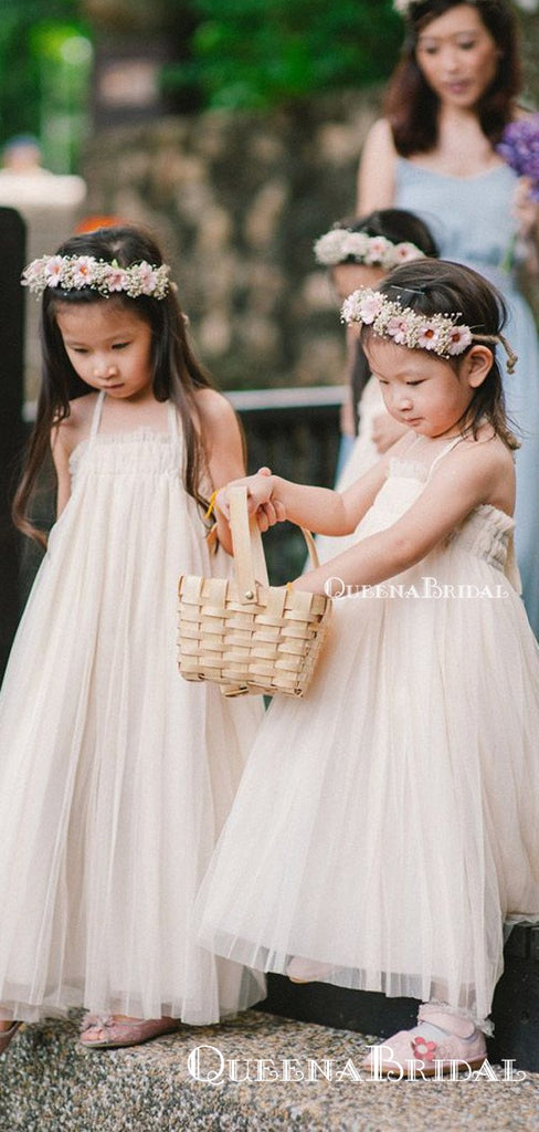 Lovely Halter-Straps Ivory Tulle Long Floor-Length Cheap Flower Girl Dresses, FGS0001
