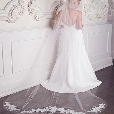 Romantic Tulle Long Wedding Veil With Lace Appliques, WV0112