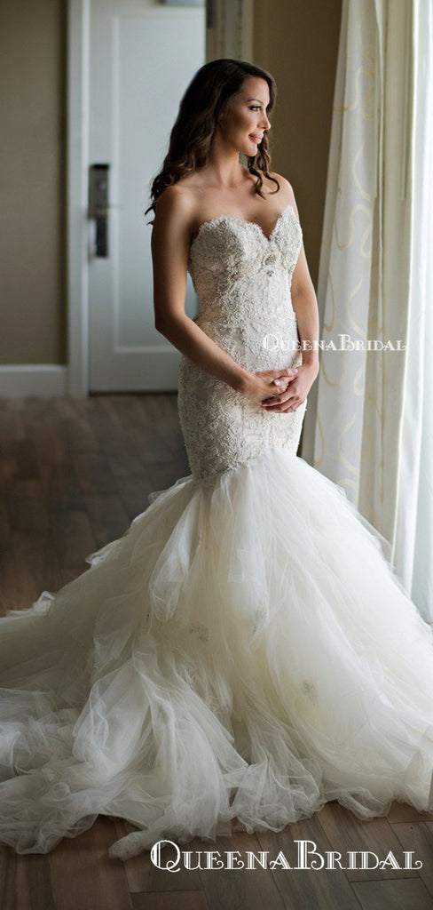 Elegant Sweetheart Off-White Lace Mermaid Long Cheap Wedding Dresses, WDS0010