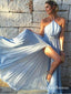 Charming A-Line Halter Long Cheap Light Blue Chiffon Prom Dresses with Split, QB0506