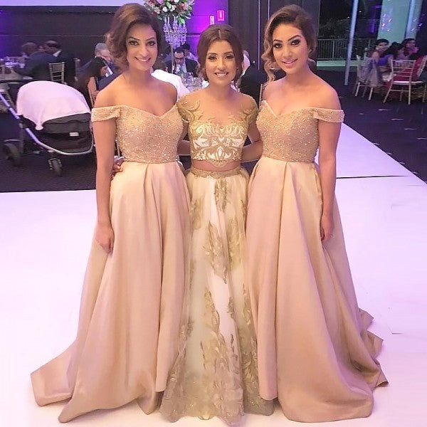 Sexy Off-Shoulder Satin Bridesmaid Dresses with Beading & Lace, QB0119