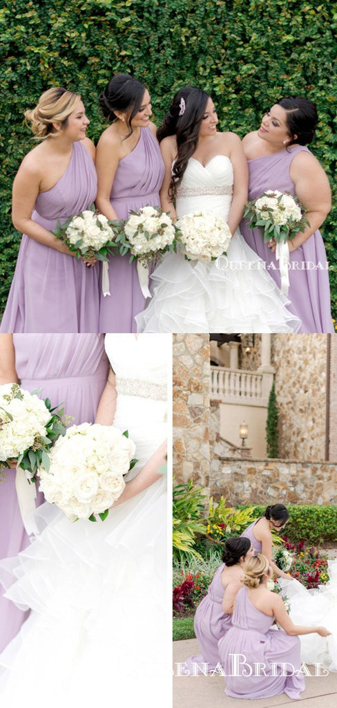 Charming One Shoulder Lilac Chiffon A-line Long Floor-Length Cheap Bridesmaid Dresses, BDS0029