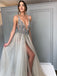 Long Backless Grey Sexy Prom Dresses with Slit Rhinestone See Through Evening Gowns, QB0286