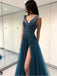 Long See Through Thigh Slit Blue Prom Dresses Backless Beaded Lace Prom Dresses, QB0334