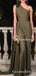 Elegant Olive Green One-Shoulder Ruched Evening Gown with High Slit, QB0960