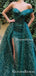 One Shoulder New Arrival Green Off-The-Shoulder Side Slit Sparkly Lace Long Prom Dresses, QB0955