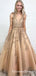 Ball Gown V Neck Open Back Gold Lace Long Prom Dresses with Beading, QB0583