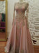 Long Sleeves Gold Lace Beaded Pink Skirt Long Evening Prom Dresses, QB0376