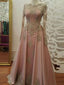 Long Sleeves Gold Lace Beaded Pink Skirt Long Evening Prom Dresses, QB0376