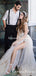 Sexy V-neck Ivory Tulle Lace Appliqued Side Slit A-line Long Cheap Wedding Dresses, WDS0023