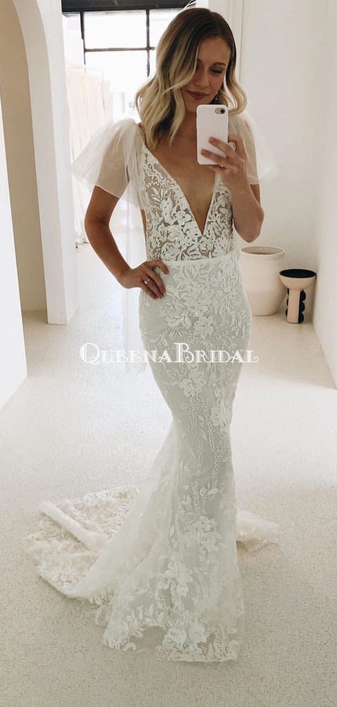 Sexy V-neck Lace Backless Mermaid Long Cheap Wedding Dresses, WDS0058