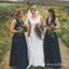 Elegant A Line V Neck Open Back Satin Navy Bridesmaid Dresses with Pockets, QB0746