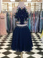 Cute Two Piece Halter Navy Blue Chiffon Short Homecoming Dresses with Embroidery, QB0861