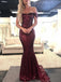 Off the Shoulder Burgundy Mermaid Prom Dresses Shiny Maroon Formal Dresses, QB0345