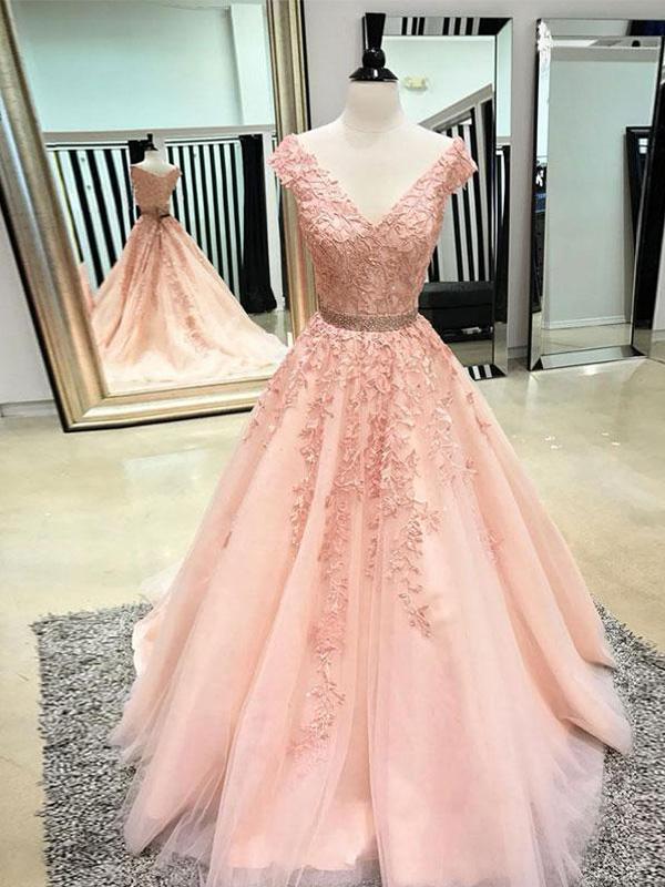 Pink V-neck Cap Sleeves Peach Lace A-line Long Evening Prom Dresses, QB0394