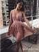 Sexy Charming Deep V-Neck A-Line Pink Lace Short Cheap Homecoming Dresses, QB0910
