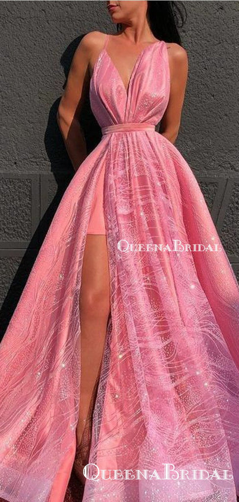 Gogerous V-neck Sleeveless A-line Sparkly Sequin Long Cheap Formal Evening Prom Dresses, QB0970