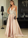 A-Line Spaghetti Straps Long Pink Prom Dresses with Beading, QB0496