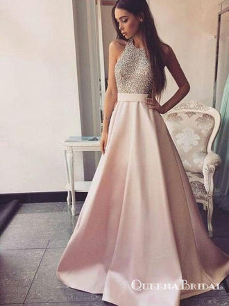 Charming A-Line Round Neck Pink Satin Long with Beading Prom Dresses, QB0564