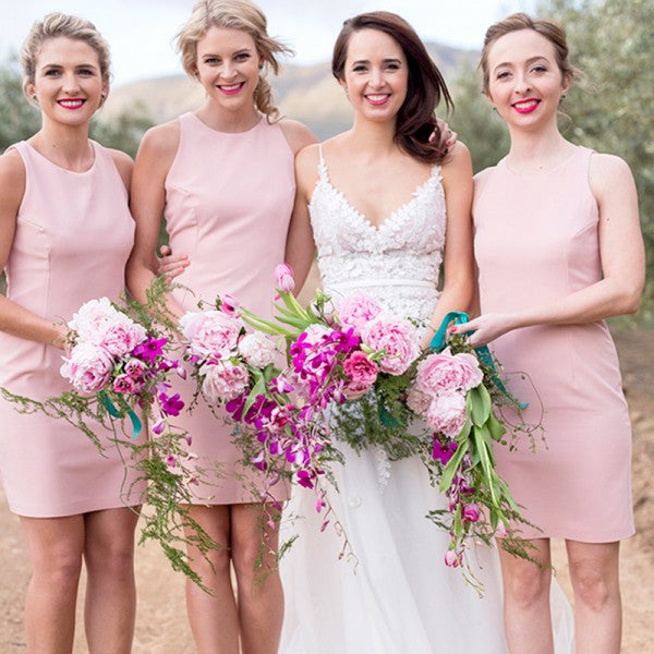 Tight Round Neck Sleeveless Pink Satin Short Cheap Bridesmaid Dresses Online, QB0035