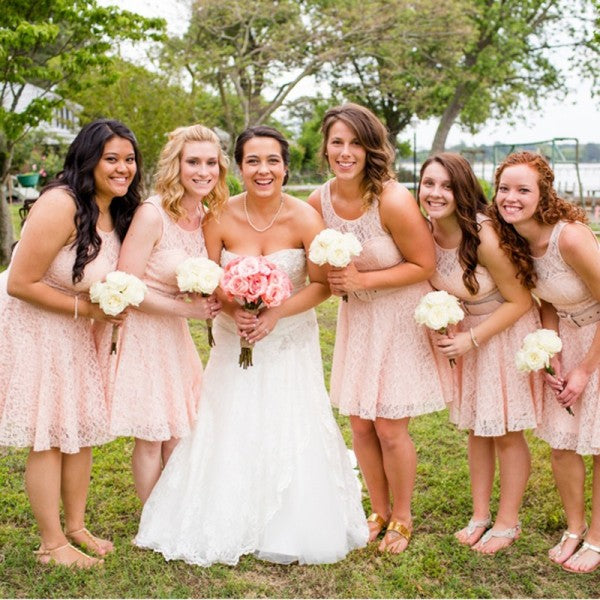 Cute Round Neck Short Cheap Pink Lace Bridesmaid Dresses Online, QB0165