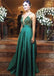 Charming Spaghetti Straps V-neck Green Beaded Formal Long Prom Dresses, QB0478