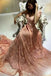 A-Line V-Neck Short Sleeves Long Cheap Pink Lace Prom Dresses, QB0685