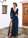 Elegant Sexy Deep V-neck Long Sleeveless High Side Slit Long Cheap Velvet Prom Dresses, QB0964