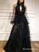Gorgeus Halter Open Chest Long Sleeves Black Tulle A-line Long Cheap Evening Party Prom Dresses, PDS0017