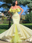 Statement Pastel Yellow Floral Lace Ruffles Mermaid Evening Dress, Gala Gown, PDS0031
