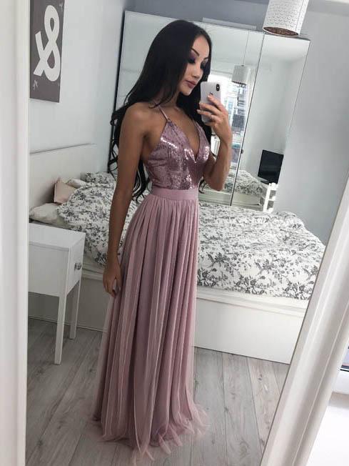 Charming Custom Halter Side Slit Grey Sequin Tulle Long Evening Prom Dresses, QB0370