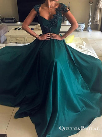 2021 Cap Sleeve Sleeves Emerald Green Evening Prom Dresses, QB0446
