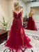 Sexy Red Tulle Side Slit A-line Prom Dress with Lace Appliques , PDS0052