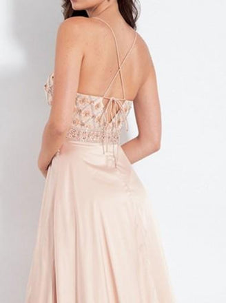 Side Slit Champagne Spaghetti Straps Long Evening Prom Dresses, Cheap Sweet 16 Dresses, PDS0082