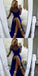 A-Line Off the Shoulder Split Front Royal Blue Satin Prom Dresses, QB0255