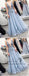 Sexy Backless Deep V Neck Dusty Blue Lace Long Evening Prom Dresses, QB0418