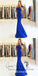 Mermaid One Shoulder Floor-Length Royal Blue Satin Prom Dresses with Ruffles, QB0254