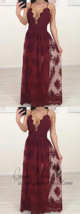 Maroon Charming Custom Side Slit Lace Cheap Long Evening Prom Dresses, QB0364