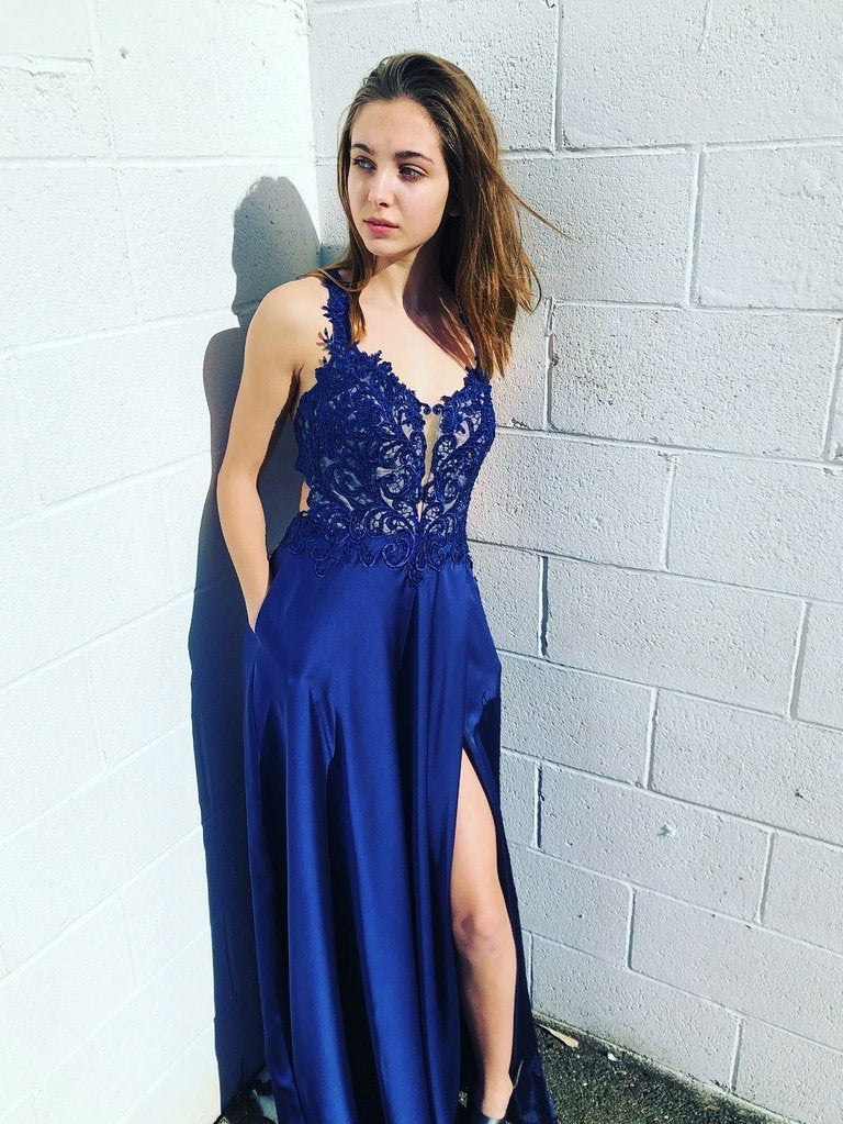 Royal Blue Sexy Backless Lace Cheap Long Evening Prom Dresses, QB0436