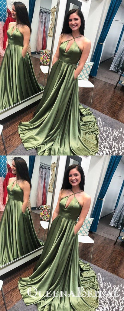Simple Halter Long Elastic Satin Cheap Prom Dresses with Keyhole, QB0614