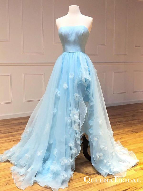 Unique Blue Organza 3-D Flowers A-line Long Formal Prom Dress with Slit , PDS0036