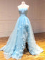 Unique Blue Organza 3-D Flowers A-line Long Formal Prom Dress with Slit , PDS0036