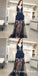 Sheath V-Neck Navy Blue Long Prom Dresses with Appliques&Pockets, QB0510