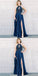 A Line Halter Keyhole Navy Blue Prom Dresses With Beading Split, QB0588