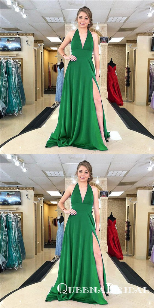 Charming A-Line Halter Long Cheap Prom Dresses with Slit, QB0639