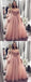 Pink Off The Shoulder Long Sleeve Long Cheap Tulle Prom Dresses With Applique, QB0611